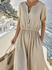 Full Size Button Front Short Sleeve Dress with Pockets Plus Size