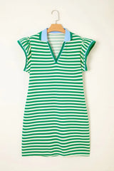 Stripe Print Contrast Collar Split Neck Flutter Sleeve Dress