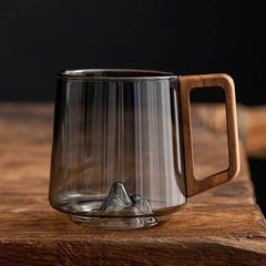 FlarePeak Glass Mug with Mountain Base and Wooden Handle – 400-500ML Durable Drinkware