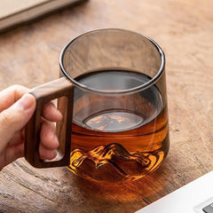 FlarePeak Glass Mug with Mountain Base and Wooden Handle – 400-500ML Durable Drinkware