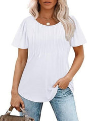 Liora Pleated Short Sleeve Top | Scoop Neck Pull-On Women's Blouse