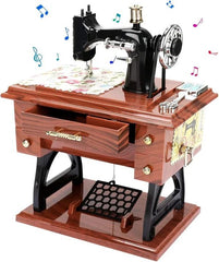 Melody Stitch Clockwork Music Box | Wooden Sewing Machine Decor With Drawer Play