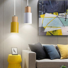 Modern Pendant Light with Colorful Cylinder Design – Iron and Wood Fixture