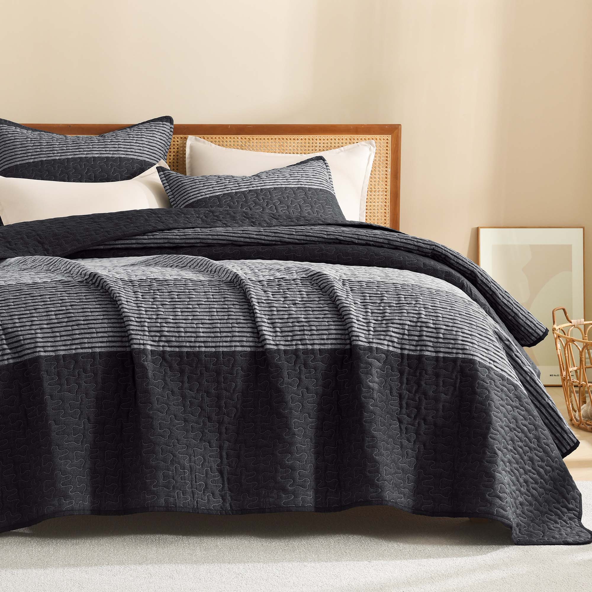 NoirZen Quilt Set – Black and White Striped All-Season Comfort with Plush Softness