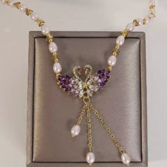 Purple Swan Heart Pendant Necklace | Adjustable Chain & Pearl Accents