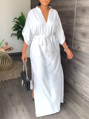 Serene V-Neck Two-Piece Dress | Lightweight Polyester Blend & Side Slits