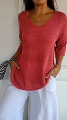 Sierra V-Neck Knit Top | Solid Color Layering Blouse | Sizes S-5XL