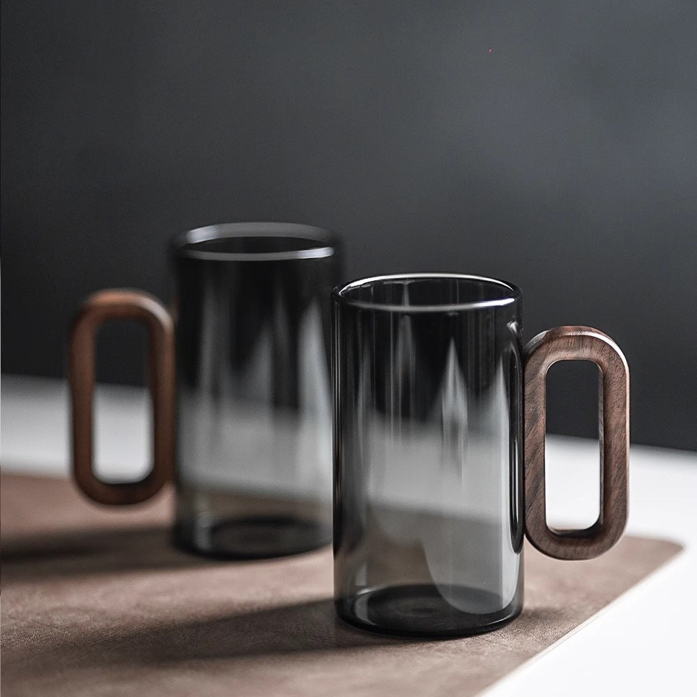Smoked Gradient Glass Mug with Wooden Handle – Stylish and Heat-Resistant Coffee and Tea Mug
