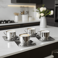 Stainless Steel Coffee Mug Set with Saucer and Spoon – Double-Walled Insulation for Hot and Cold Beverages