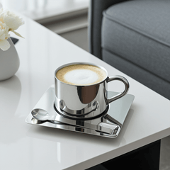 Stainless Steel Coffee Mug Set with Saucer and Spoon – Double-Walled Insulation for Hot and Cold Beverages