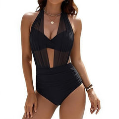 Tideform Ruched One-Piece Swimwear | Mesh Plunge Neckline, Adjustable Halter Tie & Smoothing Waist
