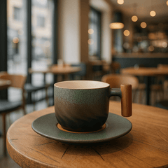 Vintage Ceramic Coffee Cup with Wooden Handle – 180ml Capacity for Cappuccinos, Handcrafted Design