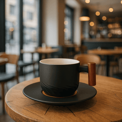 Vintage Ceramic Coffee Cup with Wooden Handle – 180ml Capacity for Cappuccinos, Handcrafted Design