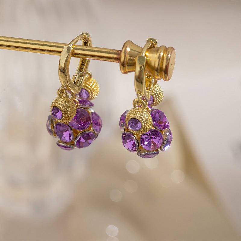 Violet Glow Hoop Earrings | Gold Plated Latch-Backs with Crystal Orb