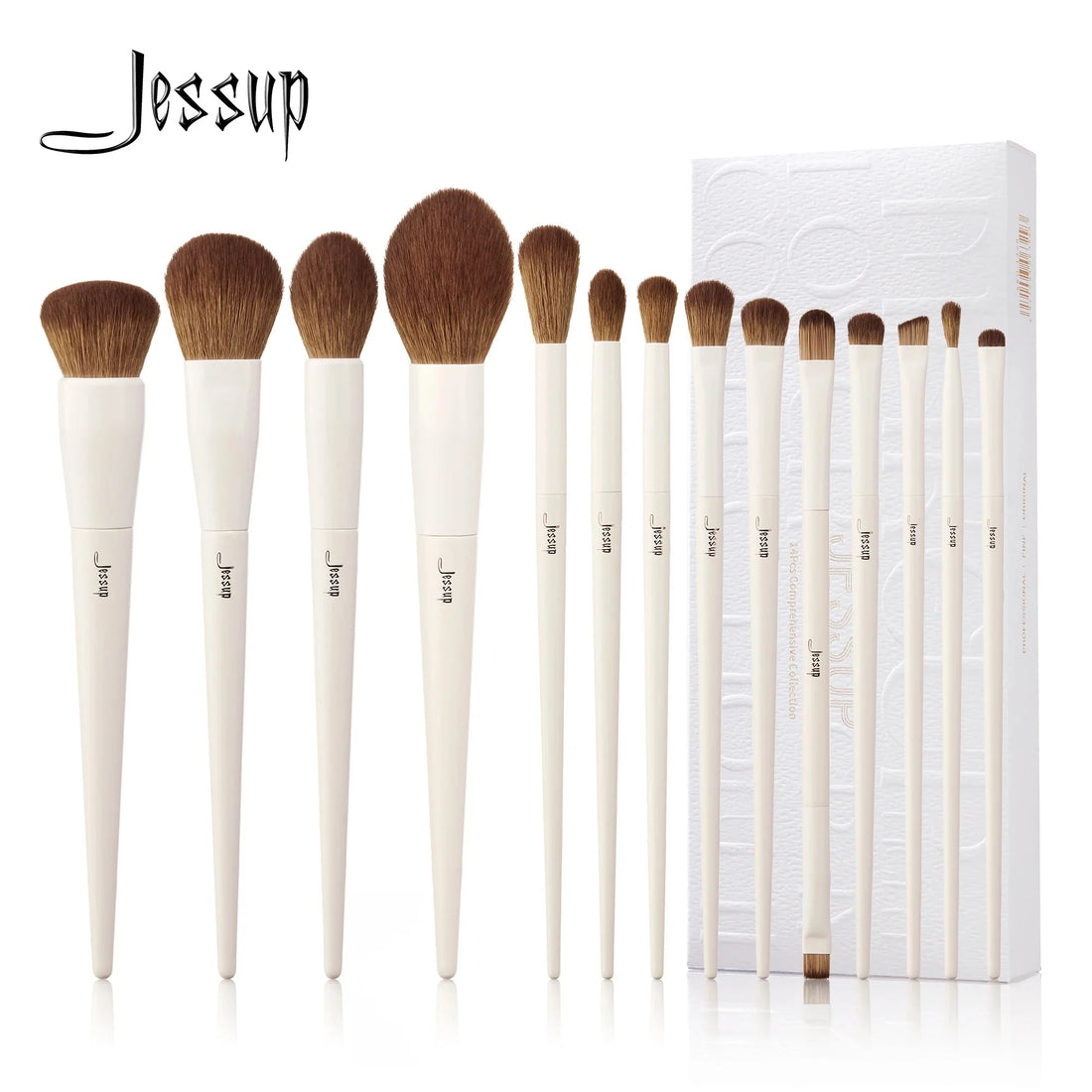 Fourteen-piece makeup brush set with wood handles