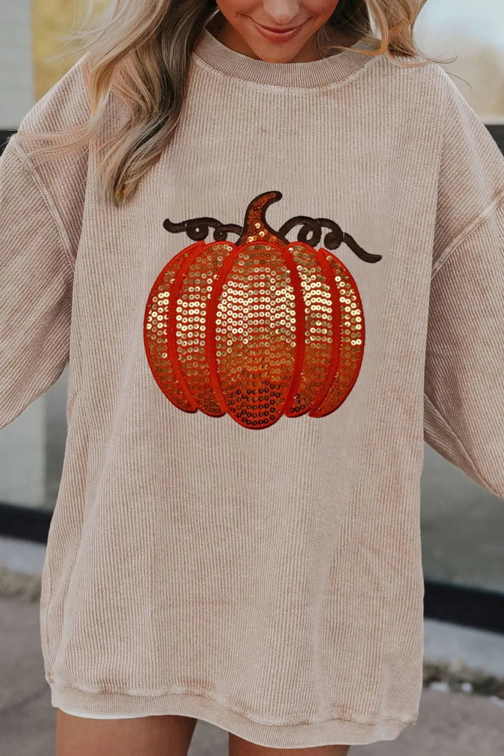 Sequin Pumpkin Round Neck Long Sleeve Sweatshirt 