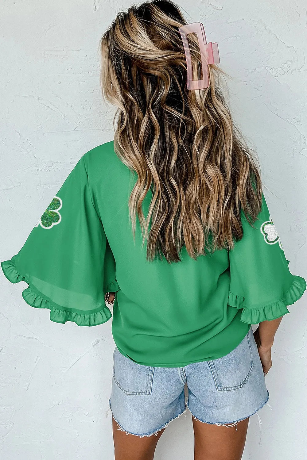 Sequin Clover Graphic Ruffled Trim Bell Sleeve St Patrick Blouse 