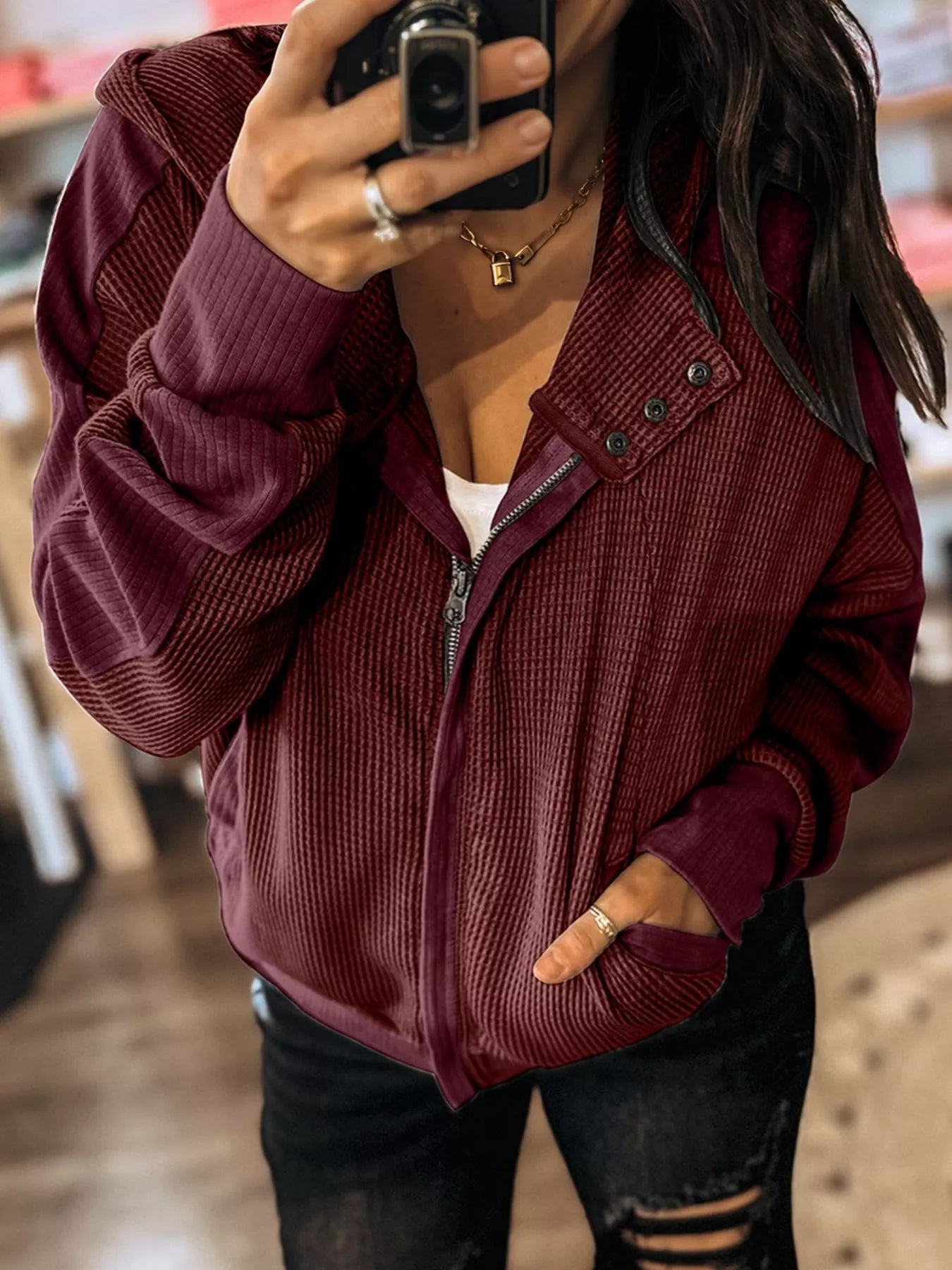 Waffle Zip Up Hooded Jacket with Pockets 
