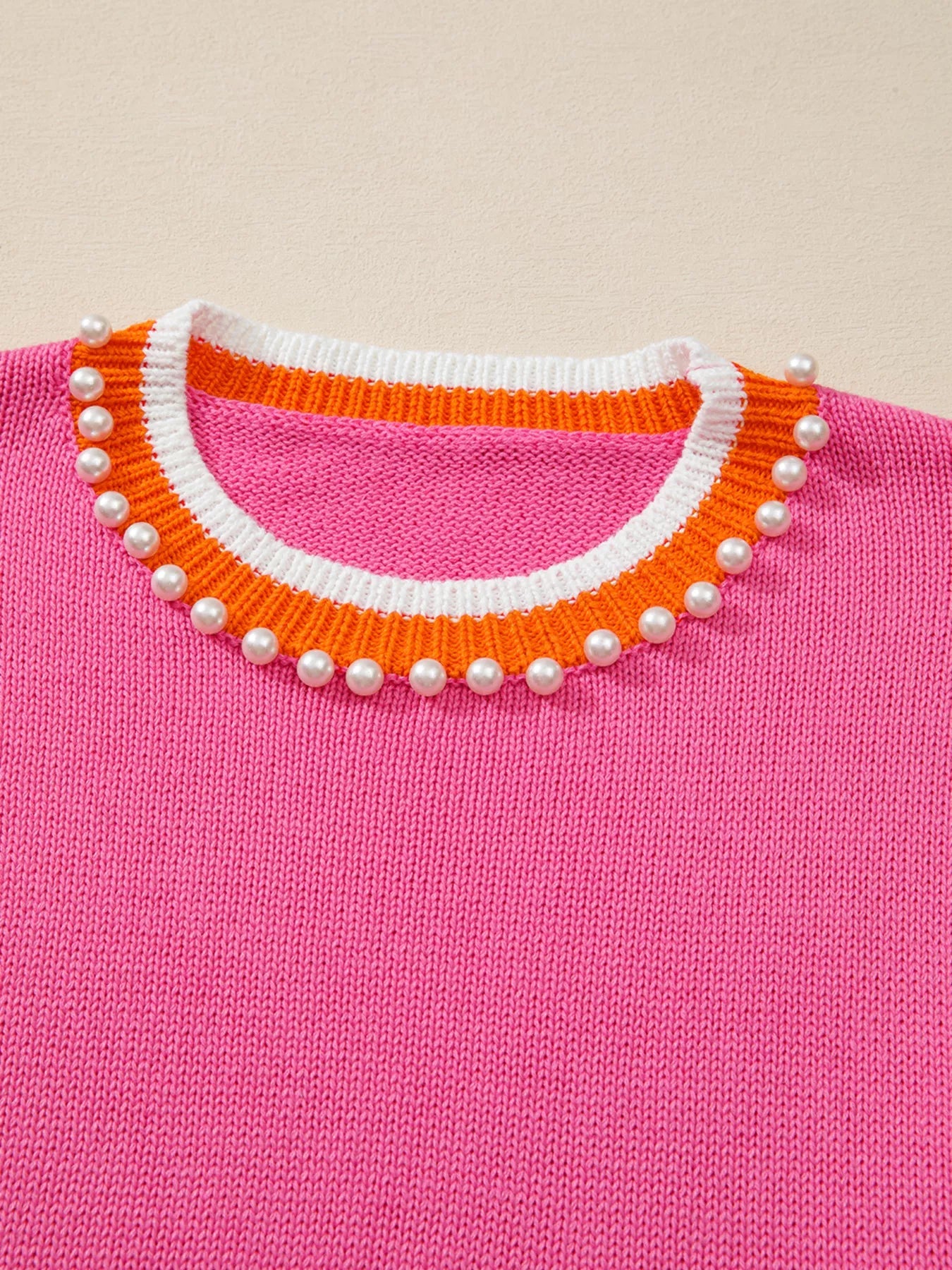 Contrast Crew Neck Pearled Decor Drop Shoulder Knit Sweater 