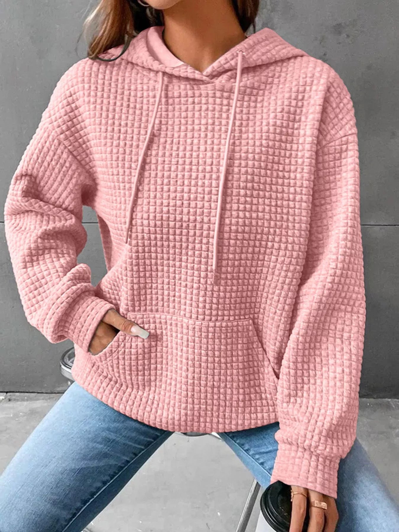 Full Size Textured Kangaroo Pocket Hoodie Plus Size 