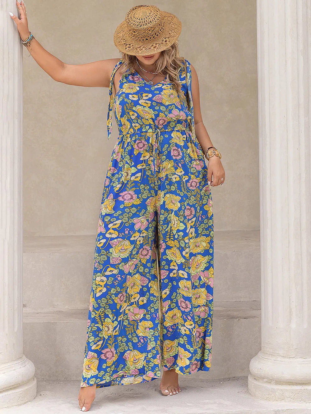 Plus Size Printed V-Neck Wide Leg Jumpsuit 