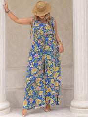 Plus Size Printed V-Neck Wide Leg Jumpsuit 