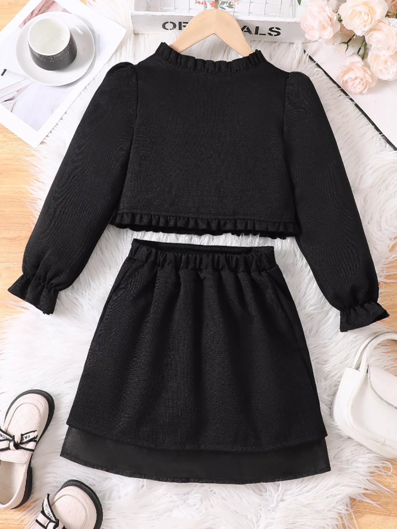 Children's Ruffle Trim Top and Skirt Two-Piece Outfit Set 