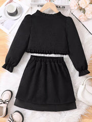 Children's Ruffle Trim Top and Skirt Two-Piece Outfit Set 