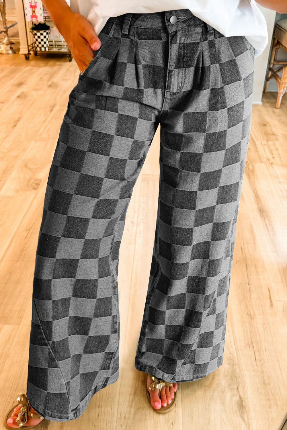 Checkered Wide Leg Jeans with Pockets 