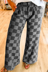 Checkered Wide Leg Jeans with Pockets 