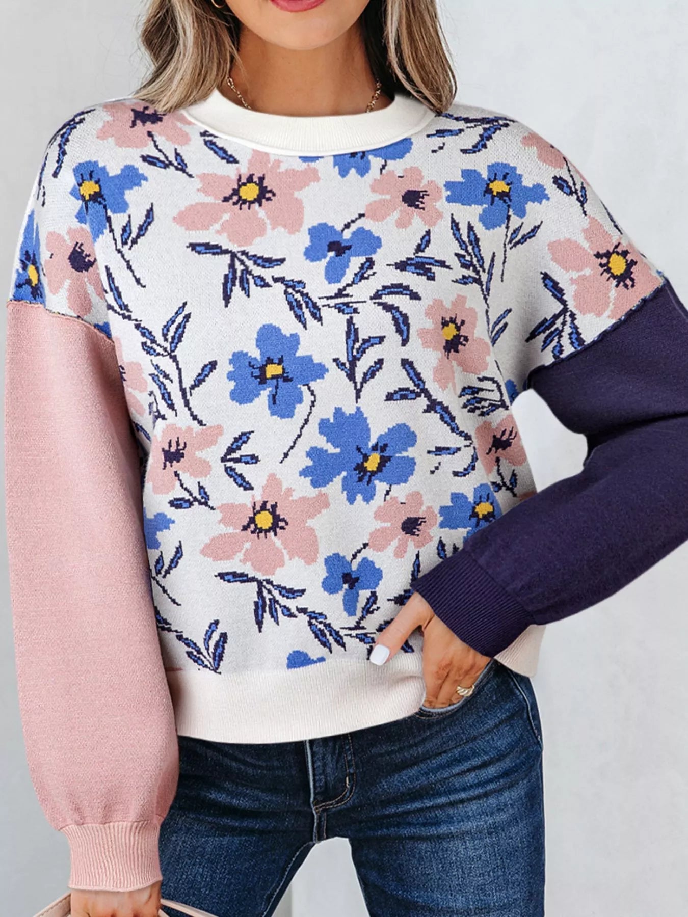 Floral Panel Colorblock Sleeve Patchwork Sweater 