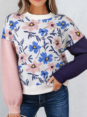 Floral Panel Colorblock Sleeve Patchwork Sweater 