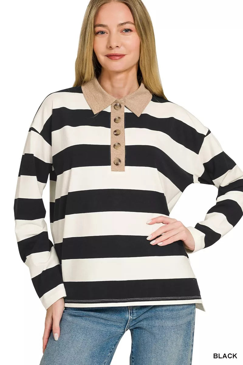 Zenana Striped Contrast Collar Polo Tee 