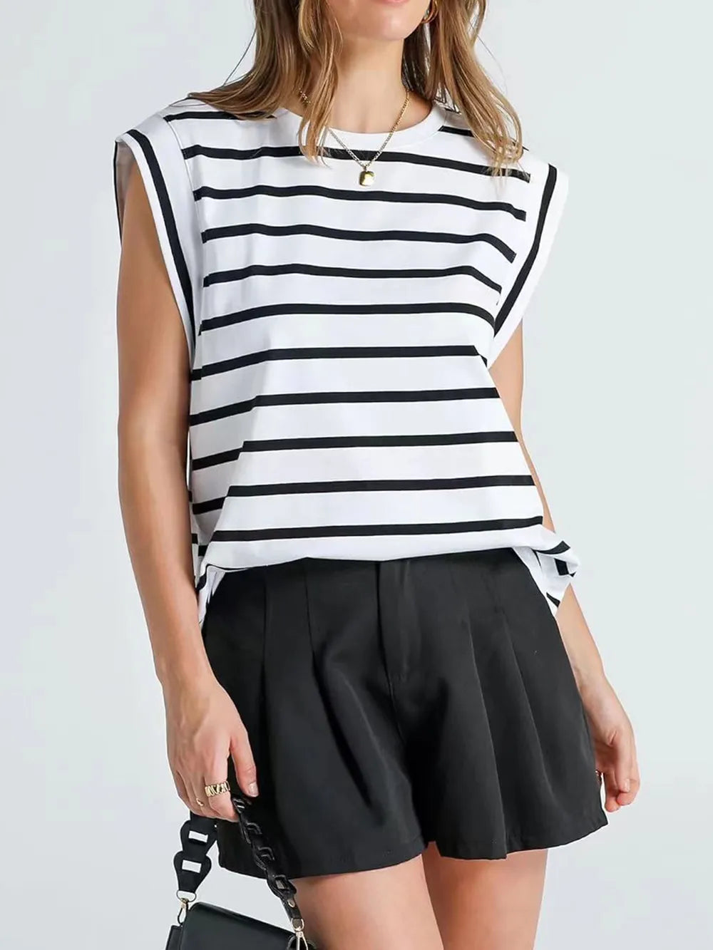 Striped Round Neck Cap Sleeve T-Shirt 
