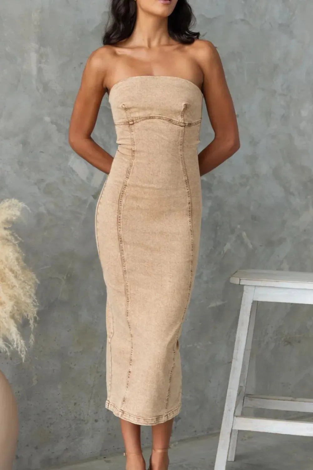 Washed Slit Back Tube Denim Dress 