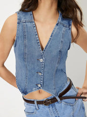 V-Neck Button Up Denim Vest 