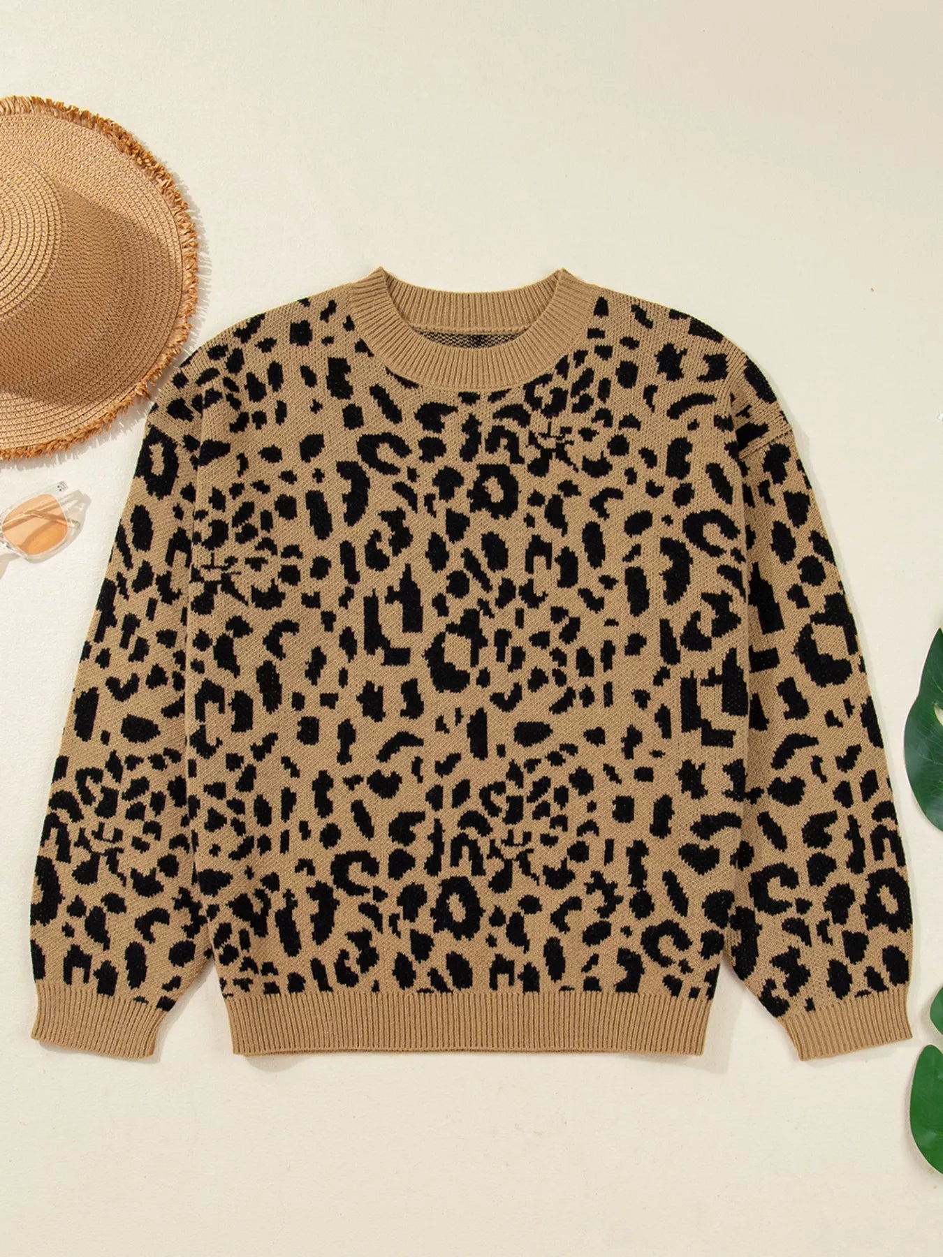 Ribbed Trim Round Neck Leopard Drop Shoulder Sweater 