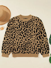 Ribbed Trim Round Neck Leopard Drop Shoulder Sweater 