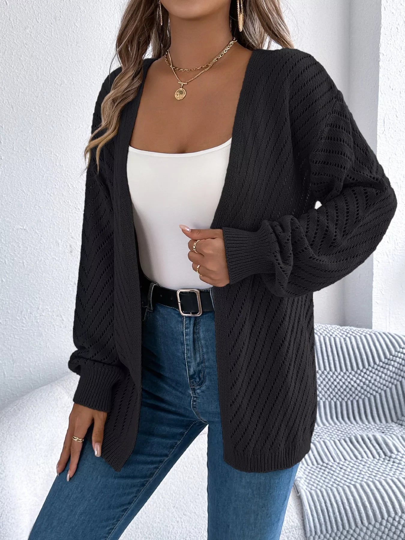 Openwork Open-Front Long Sleeve Cardigan 