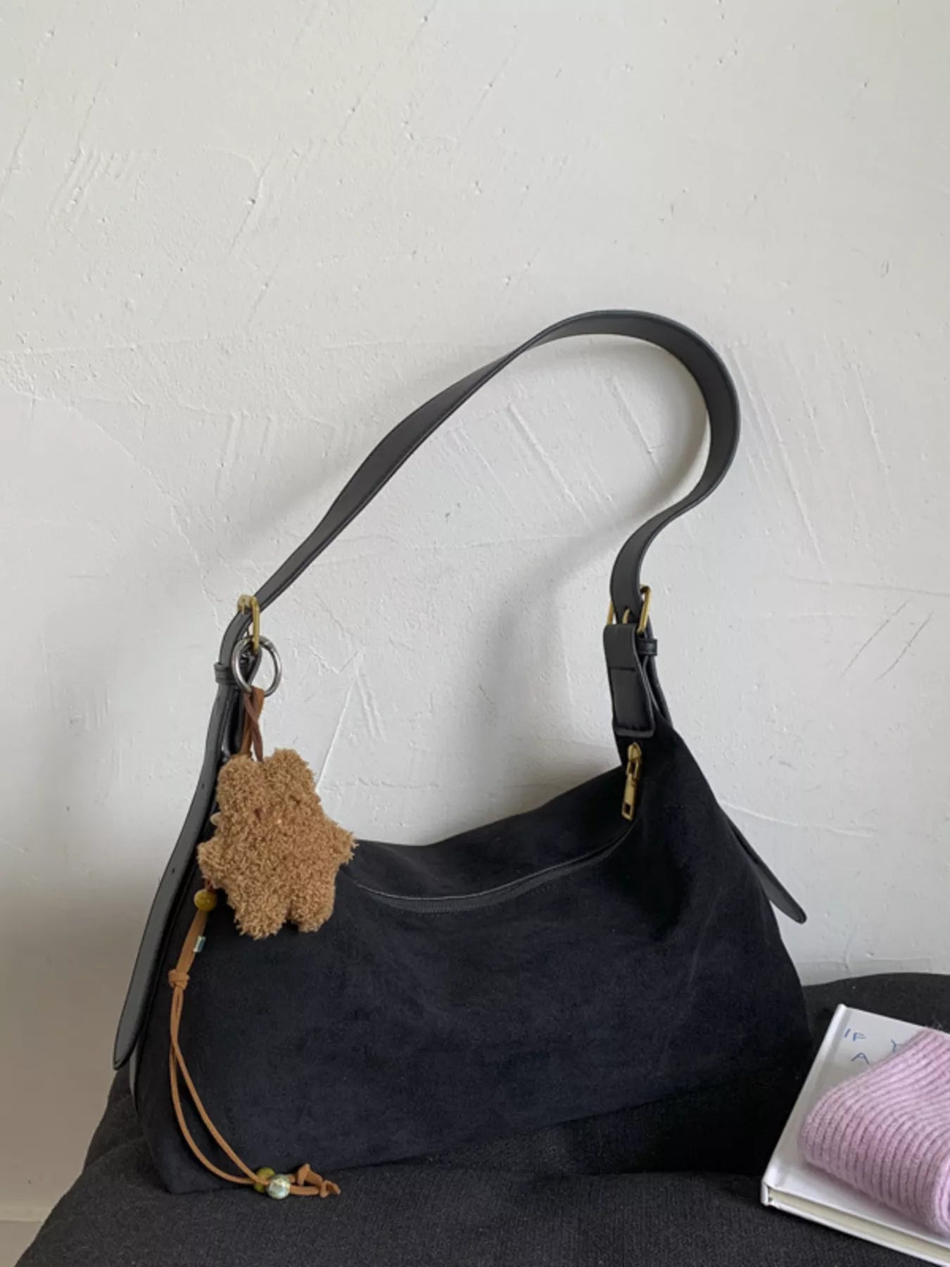 Solid Color Suede Hobo Crossbody Bag 
