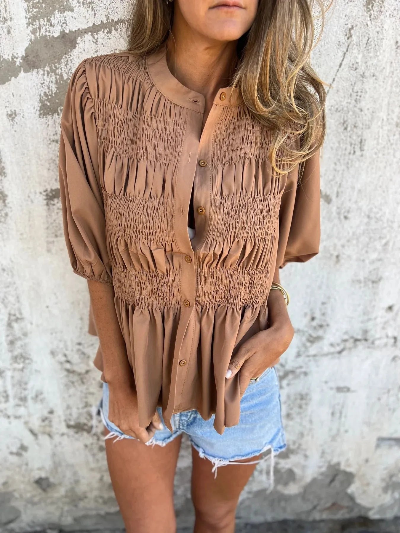 Full Size Smocked Puff Sleeve Blouse Plus Size 