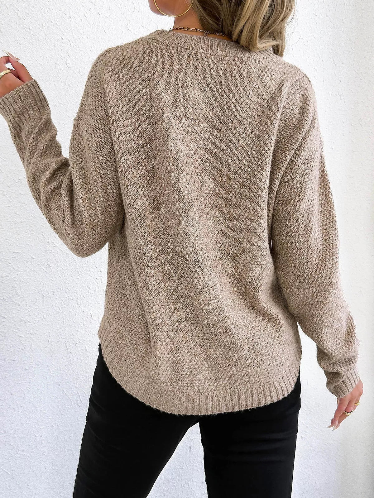 Textured Knit Relaxed Fit Round Neck Sweater 