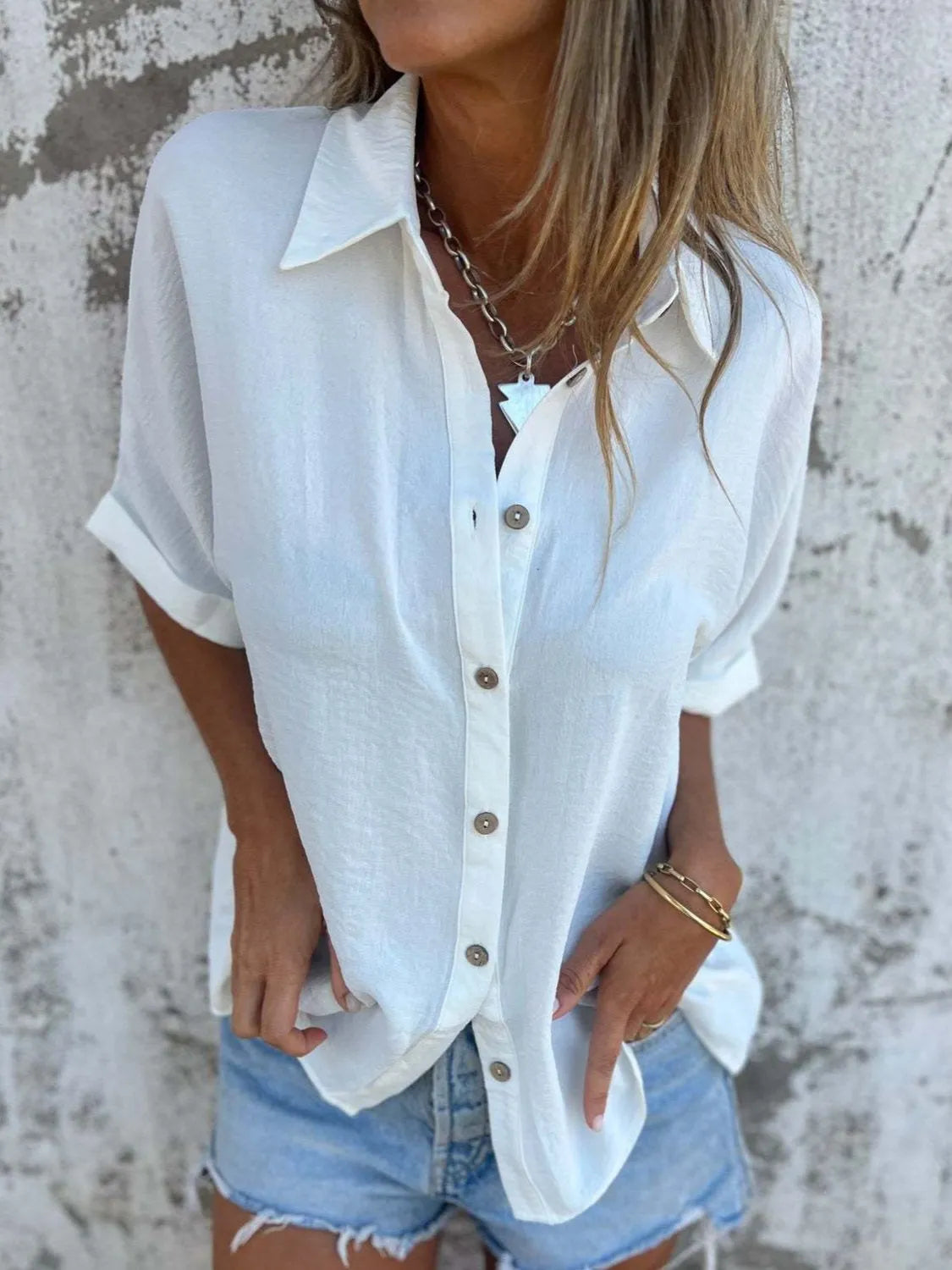 Full Size Collared Neck Half Sleeve Shirt Plus Size 