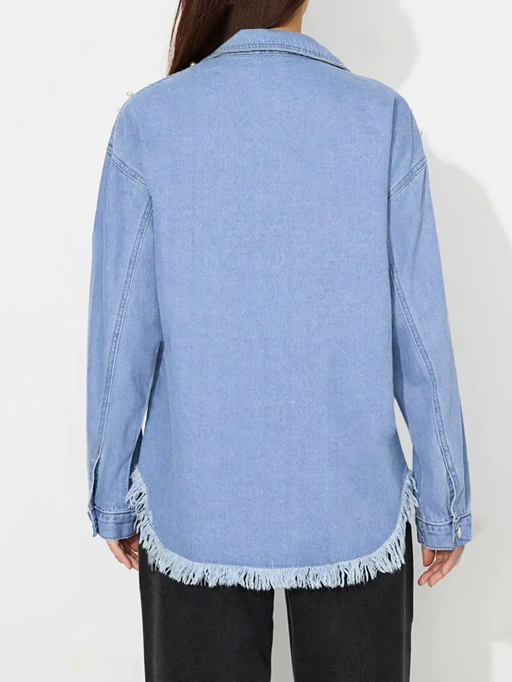 Raw Hem Pearl Trim Collared Neck Denim Top 
