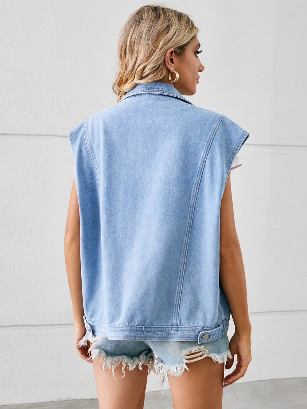 Pocketed Button Up Sleeveless Denim Jacket 