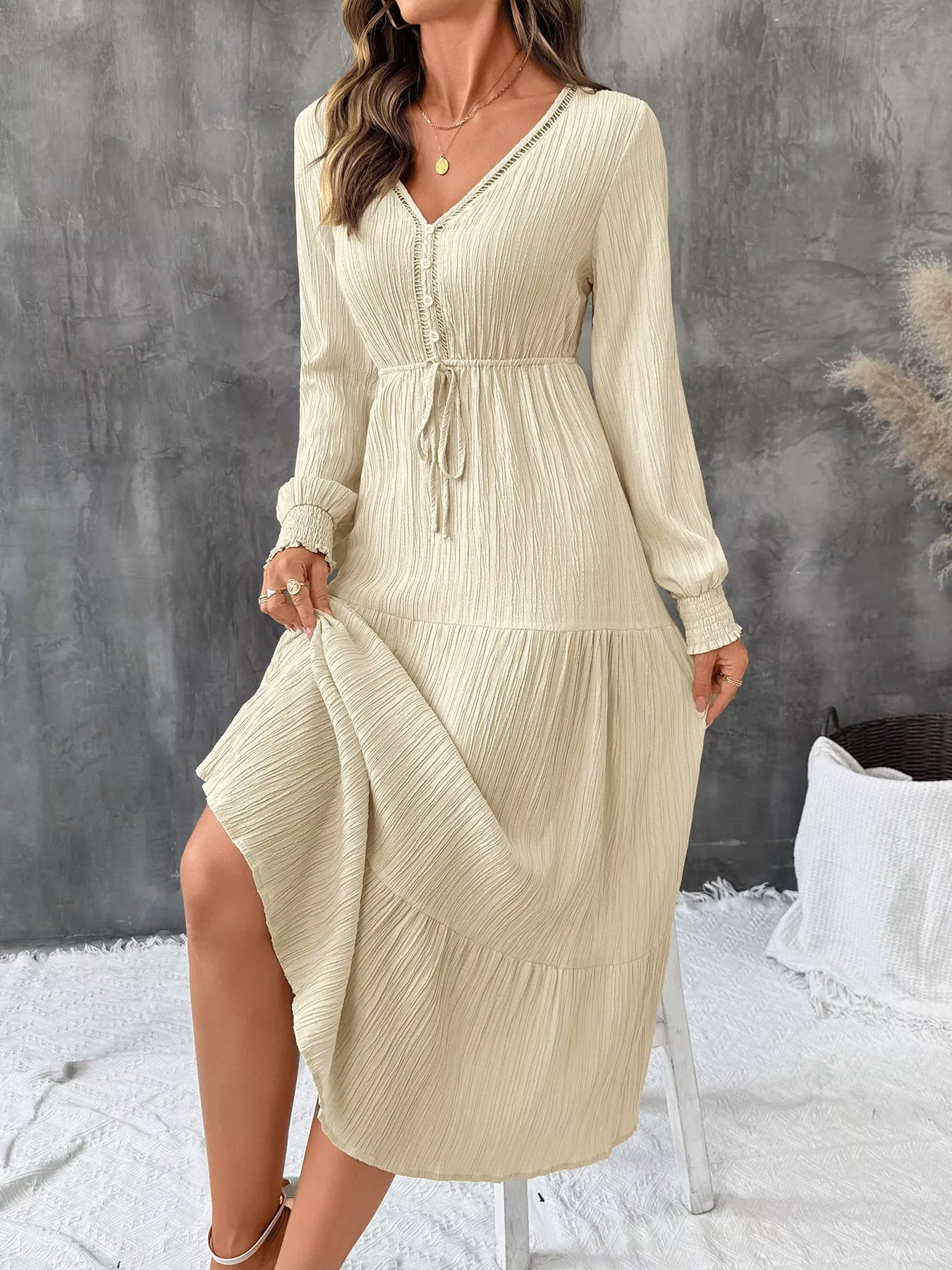 Tiered V-Neck Long Sleeve Dress 