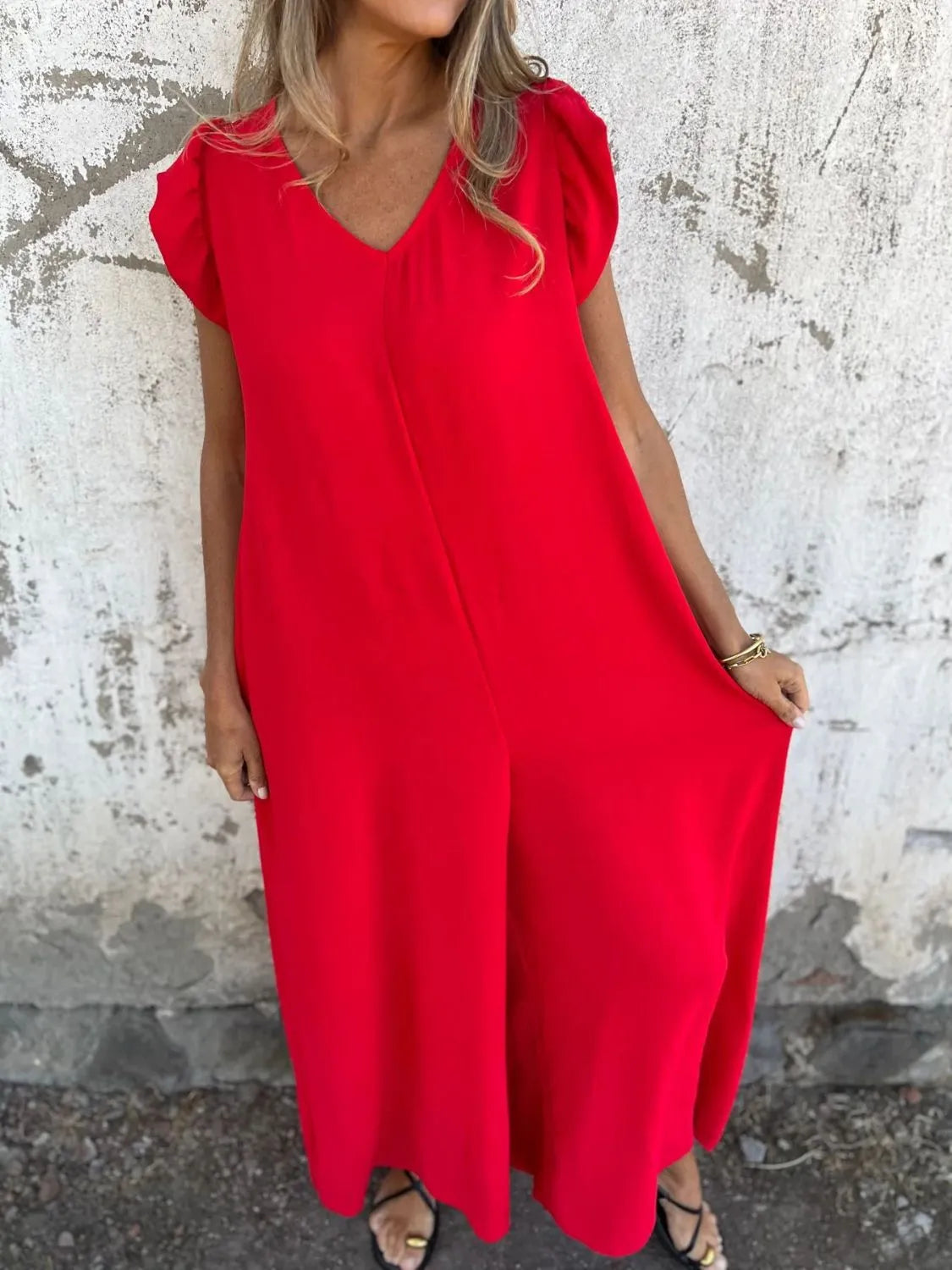 Full Size V-Neck Cap Sleeve Wide Leg Jumpsuit Plus Size 