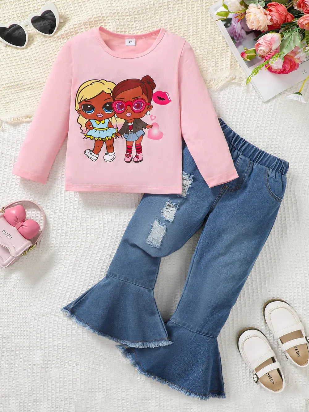 Children's Round Neck Graphic Top and Pants Set 
