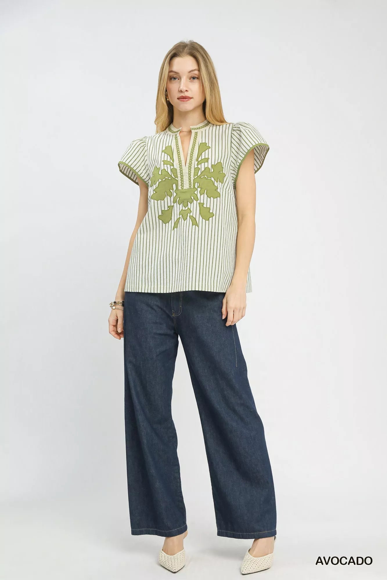 Umgee V-Neck Stripe Top with Lace Trim 