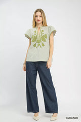 Umgee V-Neck Stripe Top with Lace Trim 